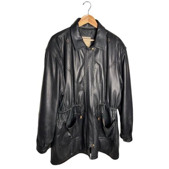 Vintage Echtes Leder Leather Jacket Black Knee Length Cinched Waist Size XL - Picture 13 of 13